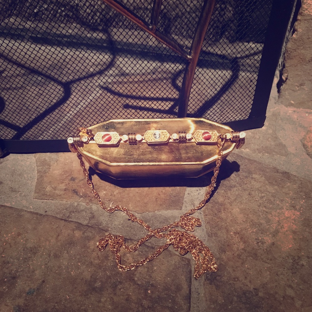 Gold Rhinestoned Clutch Purse Push Button Open